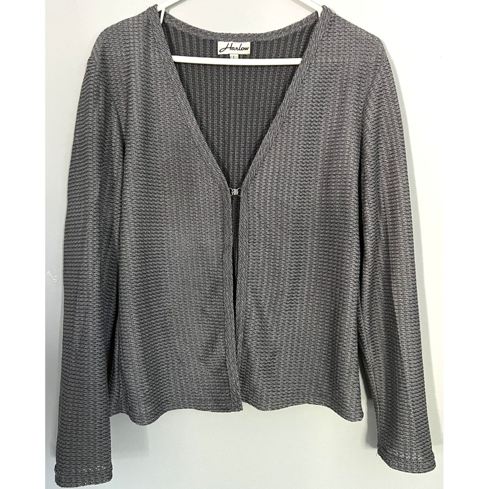 Harlow Sweater Womens L Gray Textured V Neck Lightweight Top Button Cardigan